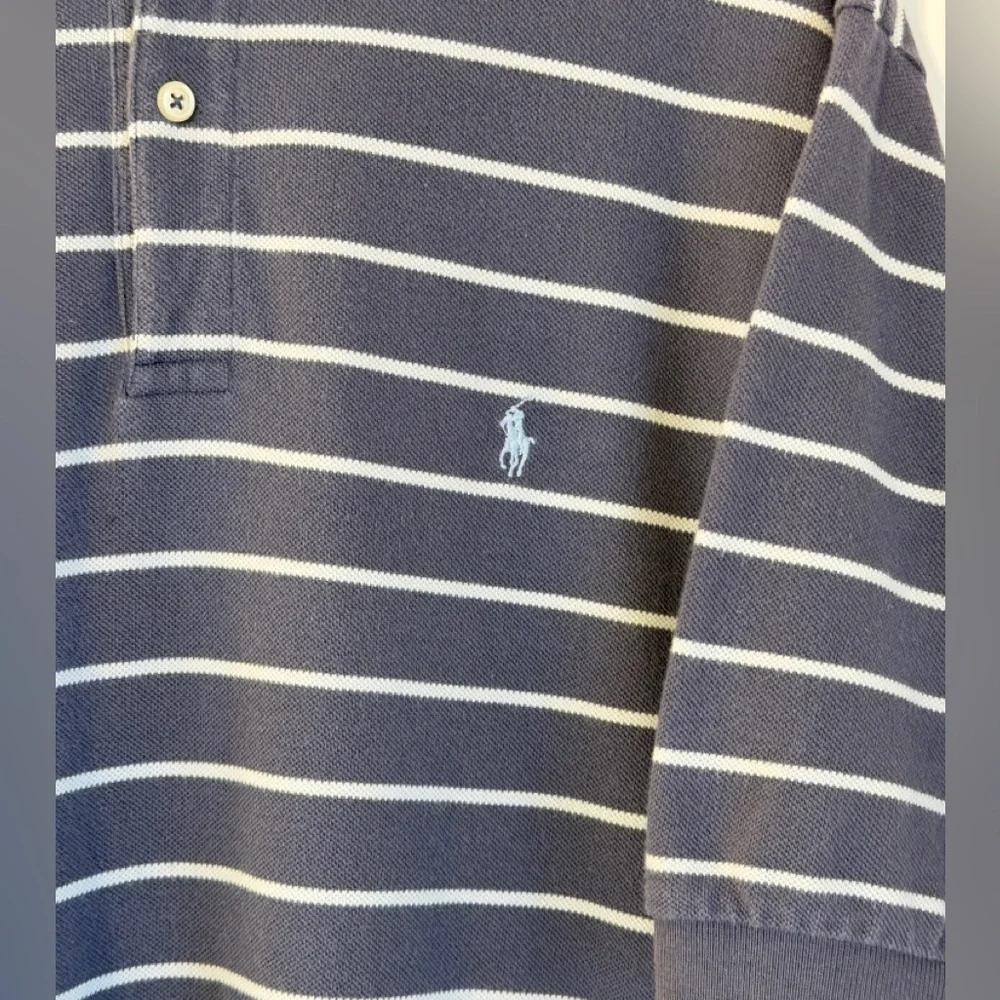 Vintage Ralph Lauren Men's Polo in Navy and White Striped Golf Shirt Large